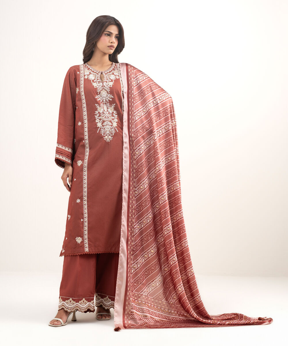 Women's RTW Zari Lawn Embroidered Brown 2 Piece Suit