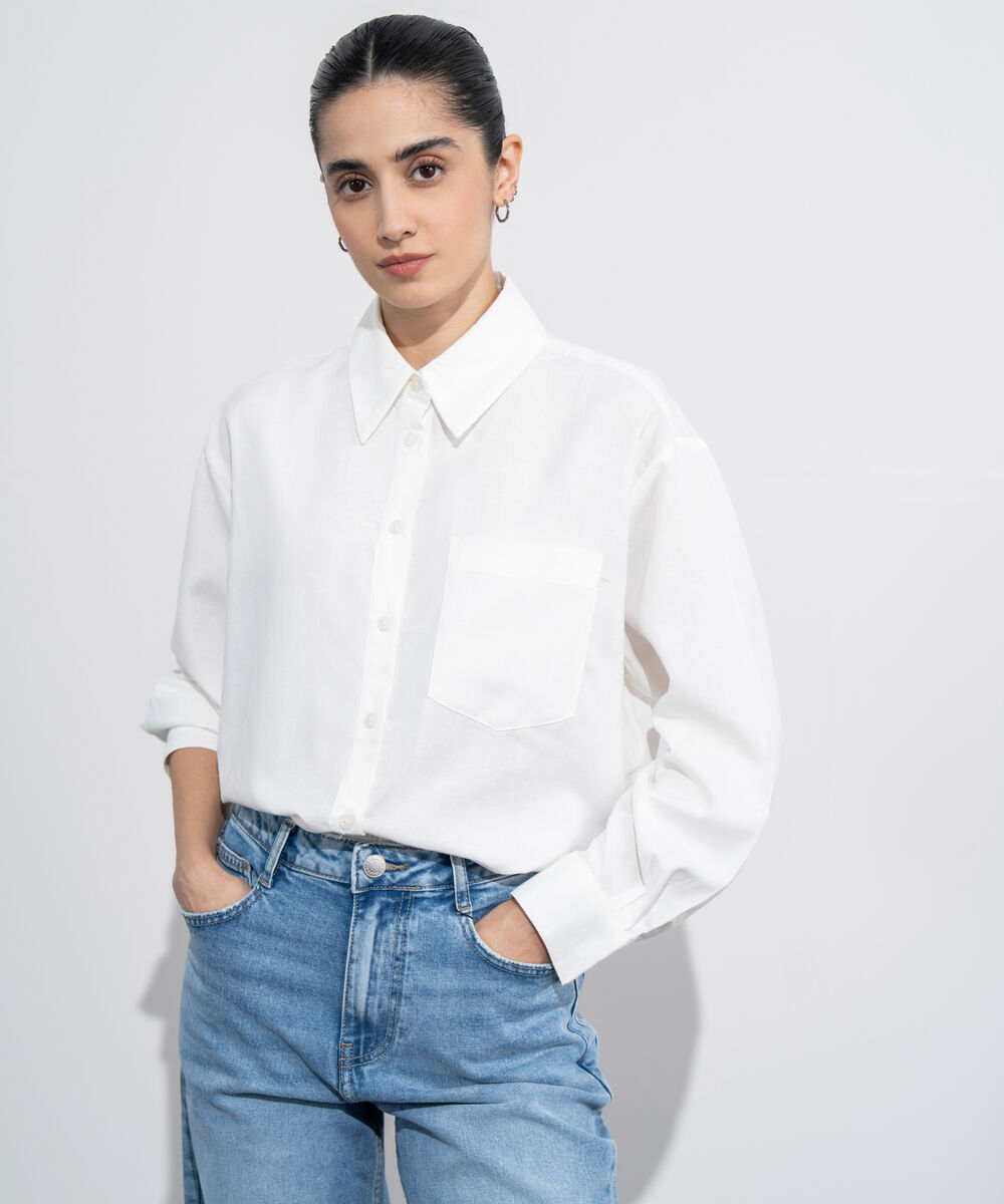 Women's Western Wear White Loose-Fit Oxford Shirt