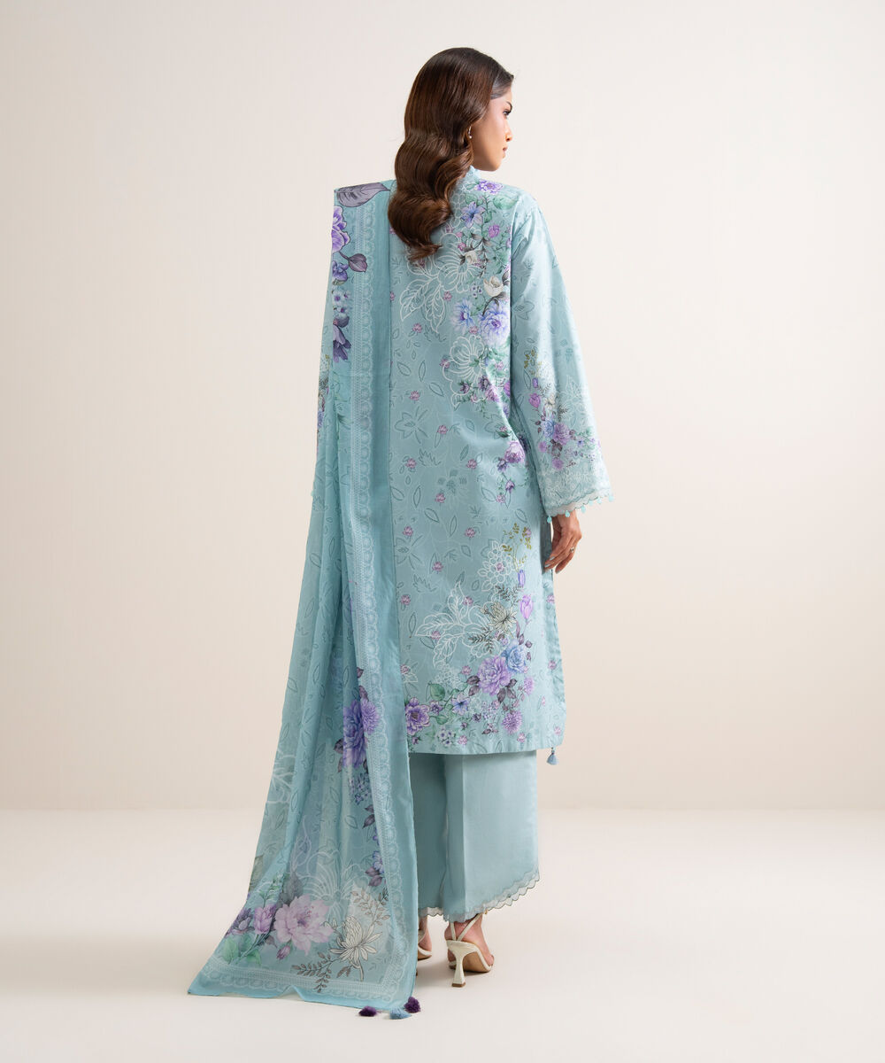 Women's Unstitched Lawn Embroidered Blue 3 Piece Suit