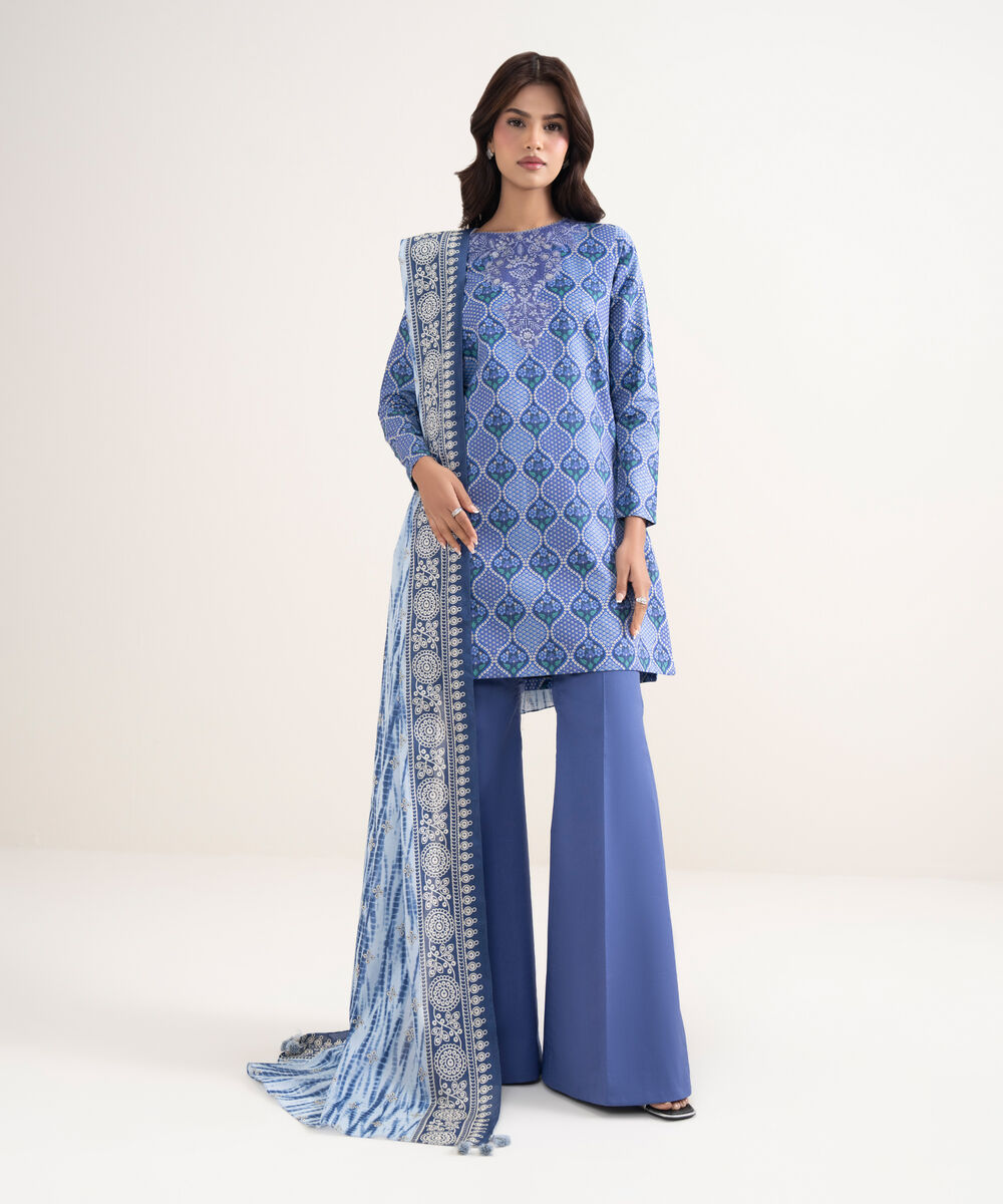 Women's Unstitched Lawn Blue Embroidered 3 Piece Suit