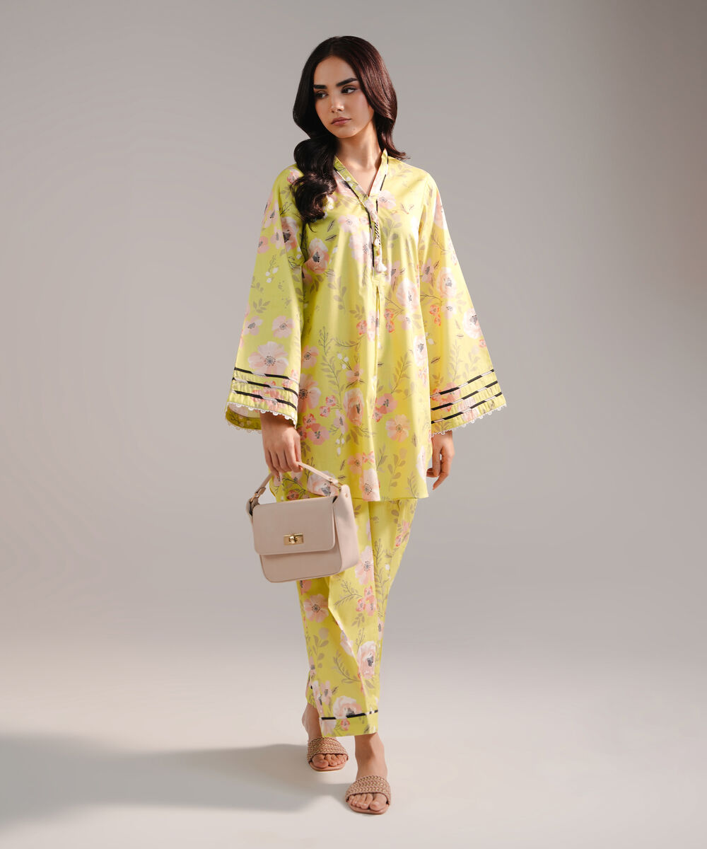 Women's RTW Cambric Printed Lime Green 2 Piece Suit