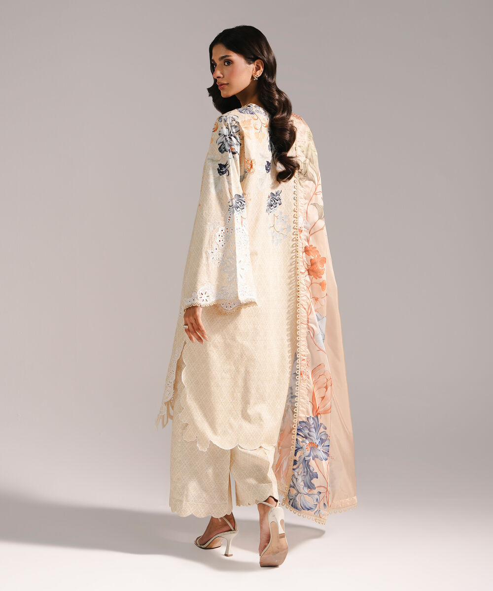 Women's RTW Self Jacquard Embroidered Beige 3 Piece Suit