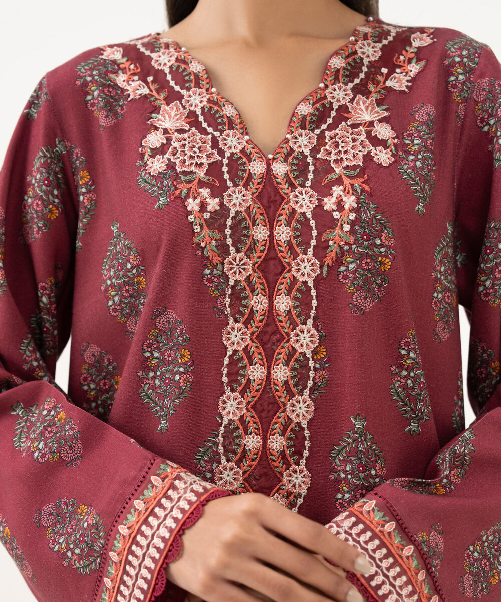 Women's RTW Cotton Viscose Embroidered A-Line Red Shirt