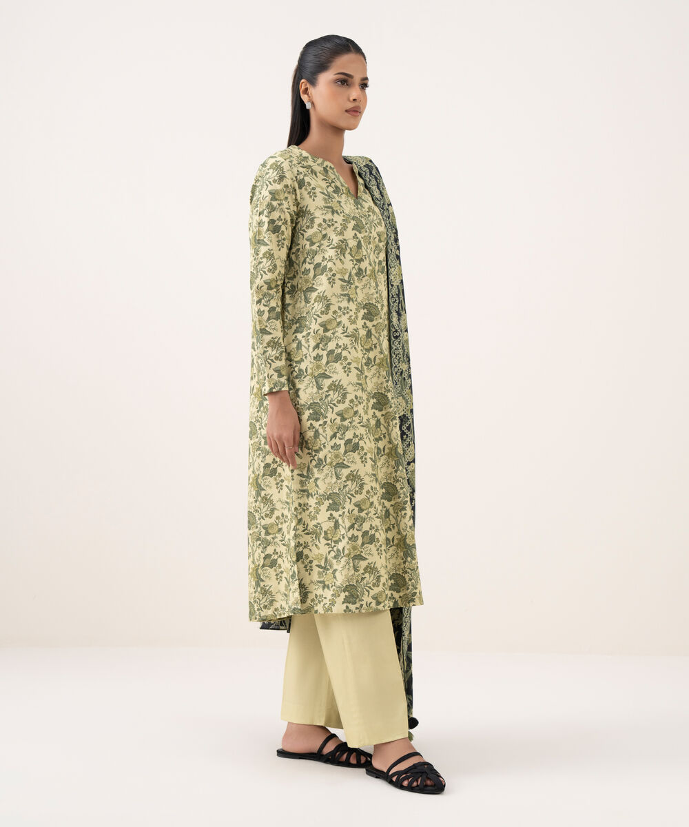 Women's Unstitched Cotton Printed Yellow Three Piece Suit