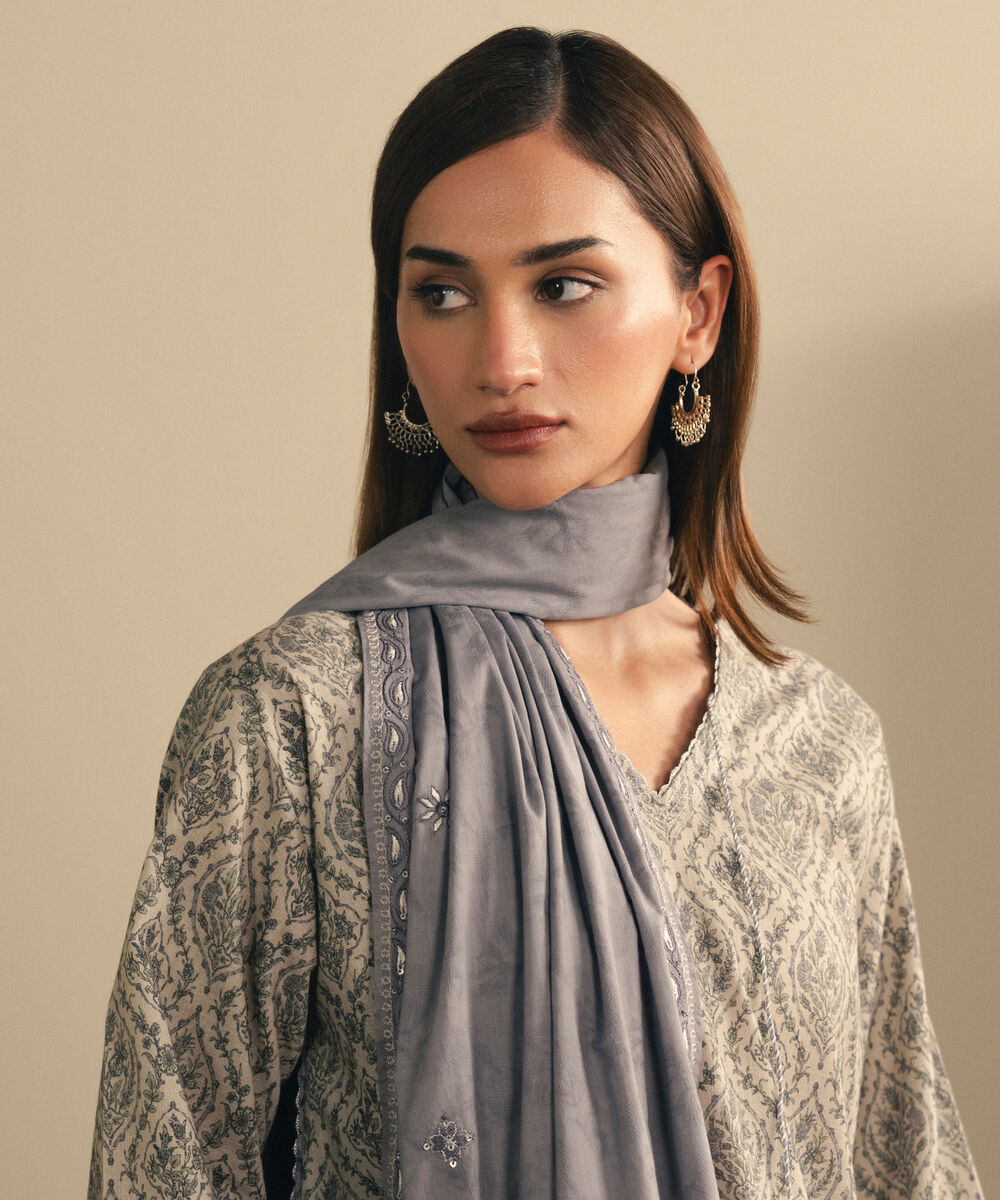 Women's Unstitched Cross Hatch Embroidered Grey 3 Piece Suit