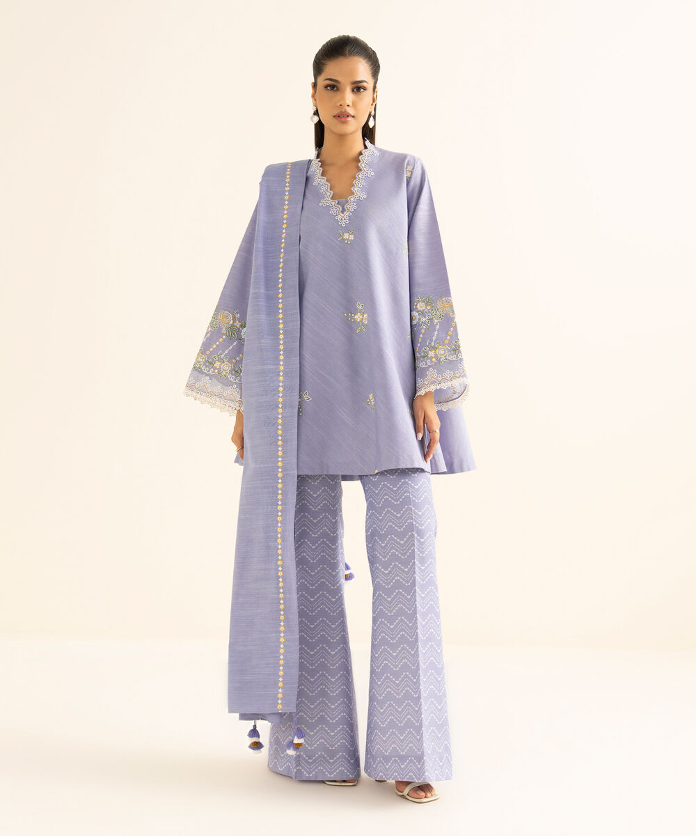 Women's Unstitched Textured Cotton Embroidered Blue 3 Piece Suit