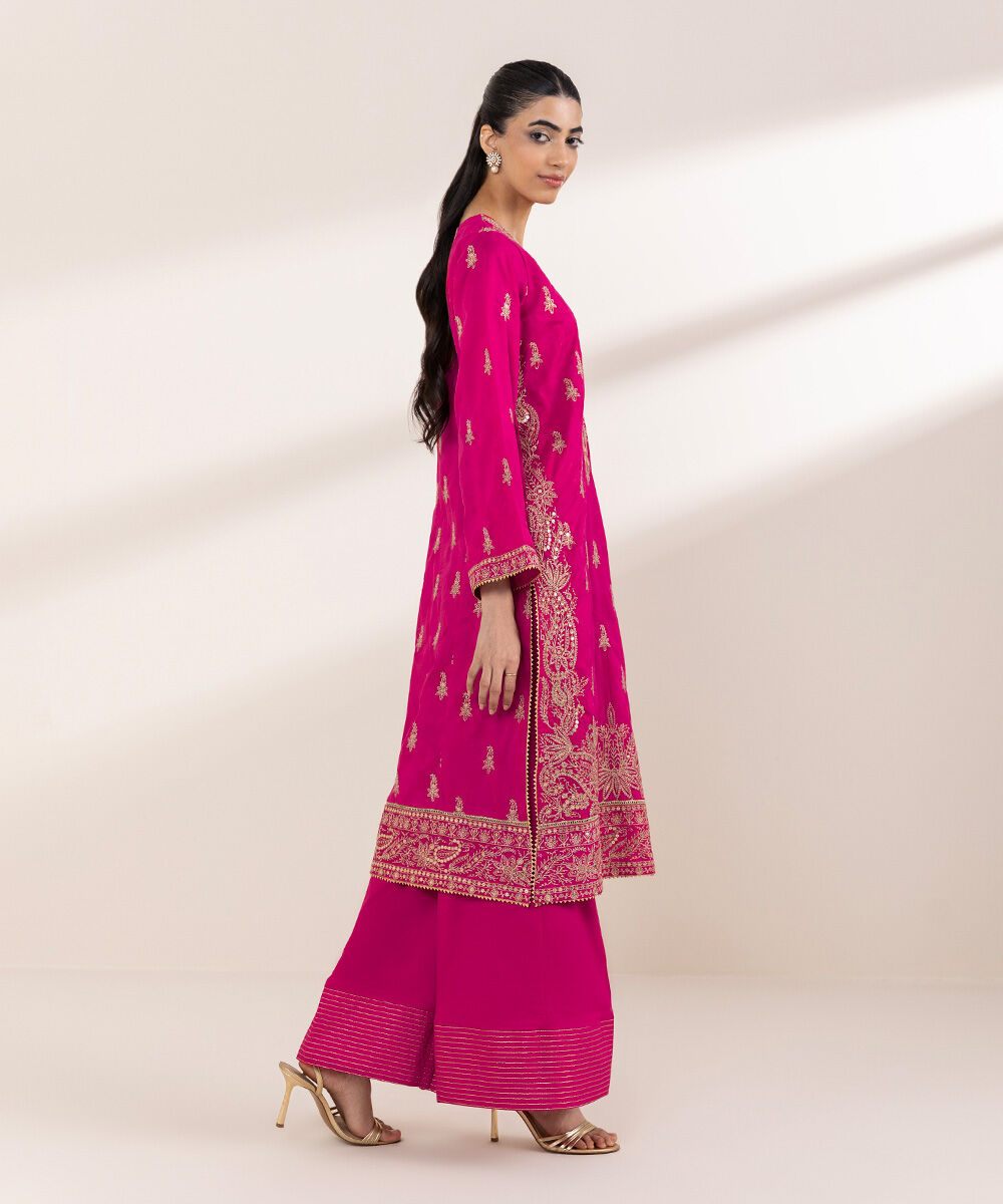 Women's RTW Cotton Jacquard Pink Embroidered A-Line Shirt