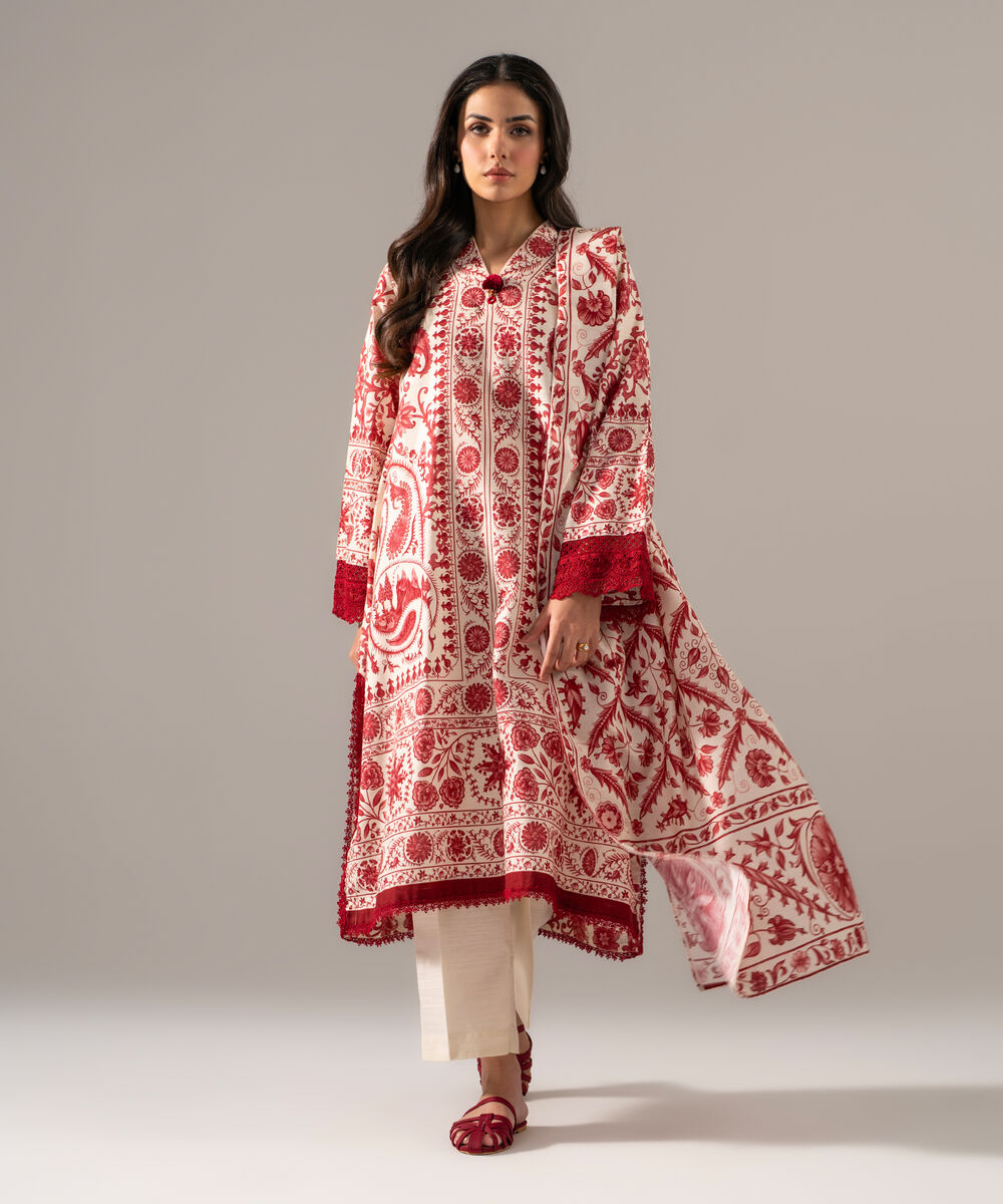 Women's RTW Khaddar Printed Off White 3 Piece Suit