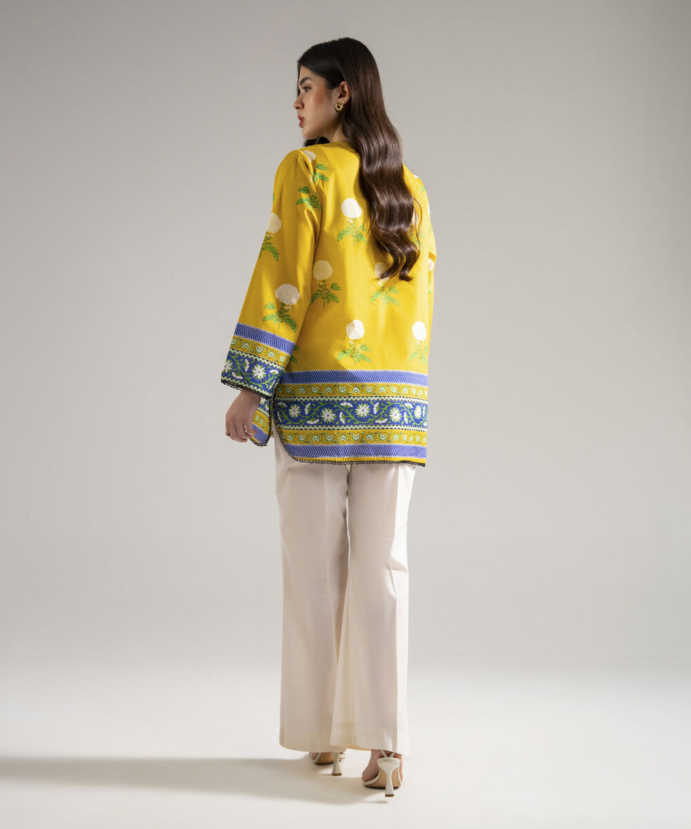 Women's RTW Slub Lawn Printed Mustard Yellow Straight Shirt