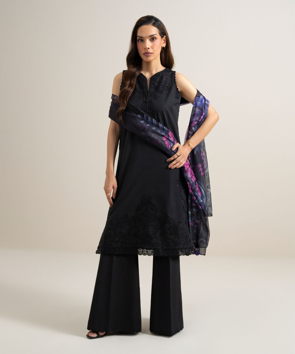 Women's Unstitched Slub Lawn Embroidered Black 3 Piece Suit