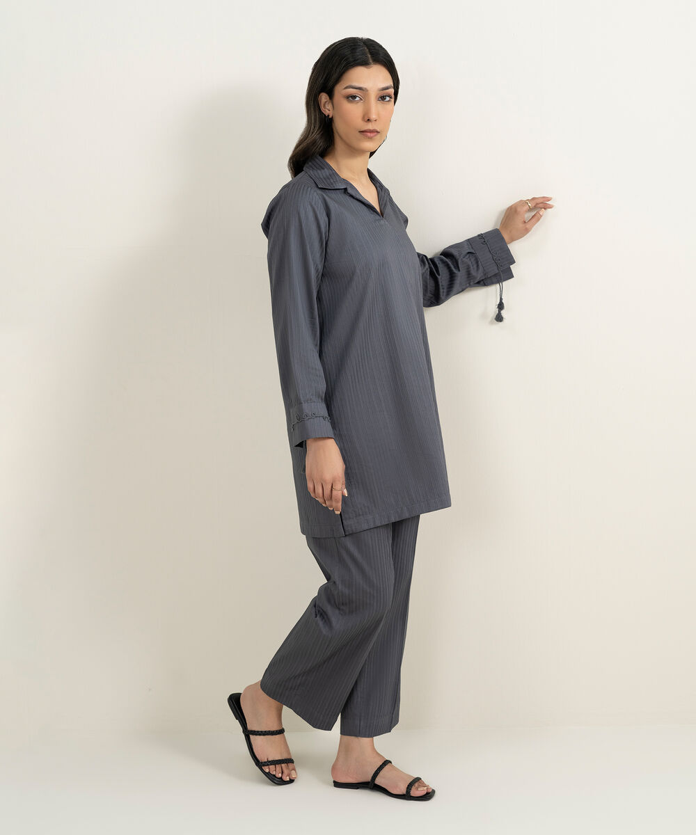 Women's RTW Dobby Solid Grey Straight Shirt