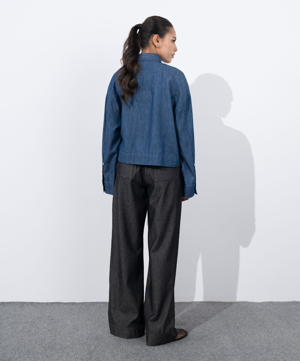 Women's Western Wear Blue Light Weight Denim Cropped Shirt