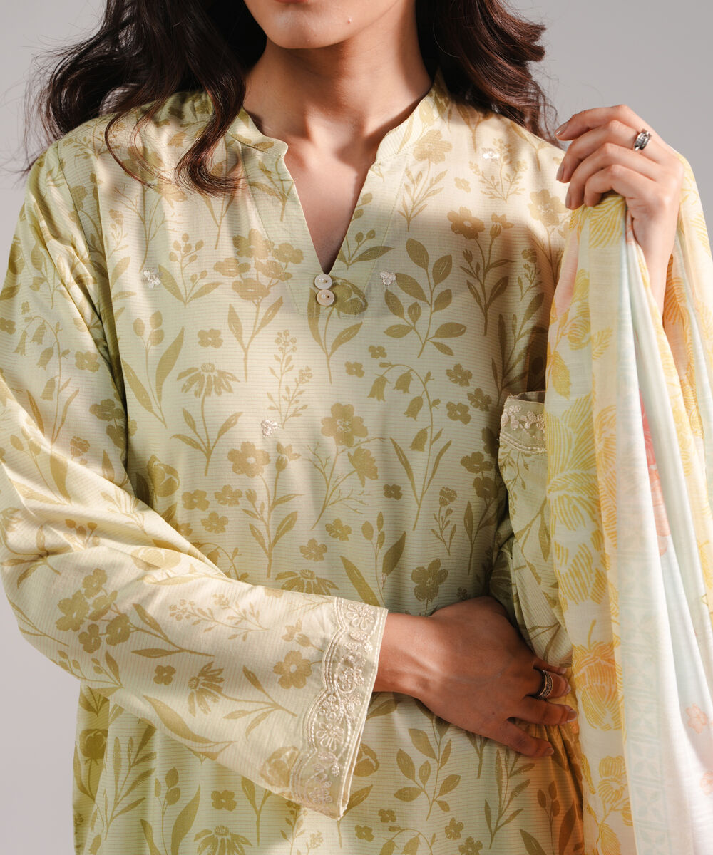 Women's RTW Zari Lawn Embroidered Green 3 Piece Suit