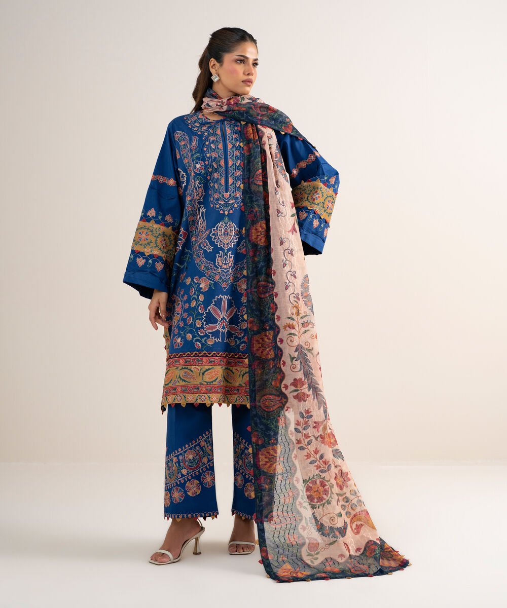 Women's Unstitched Textured Lawn Embroidered Blue  3 Piece Suit