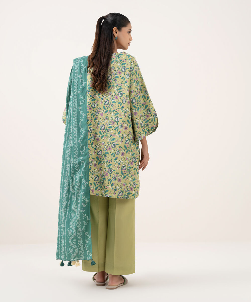 Women's Unstitched Cotton Printed Green Three Piece Suit