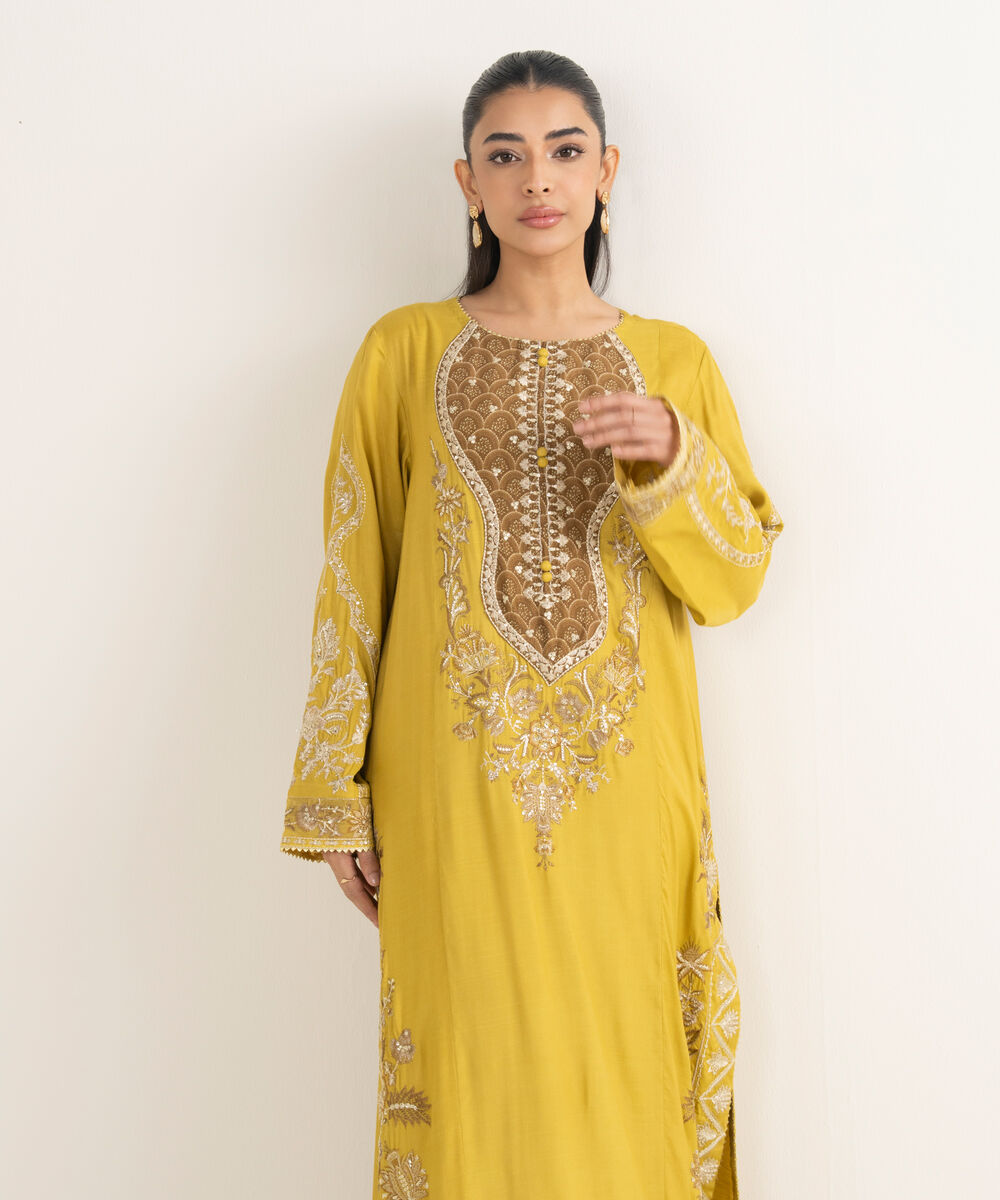 Women's RTW Viscose Raw Silk Embroidered Yellow 2 Piece Suit