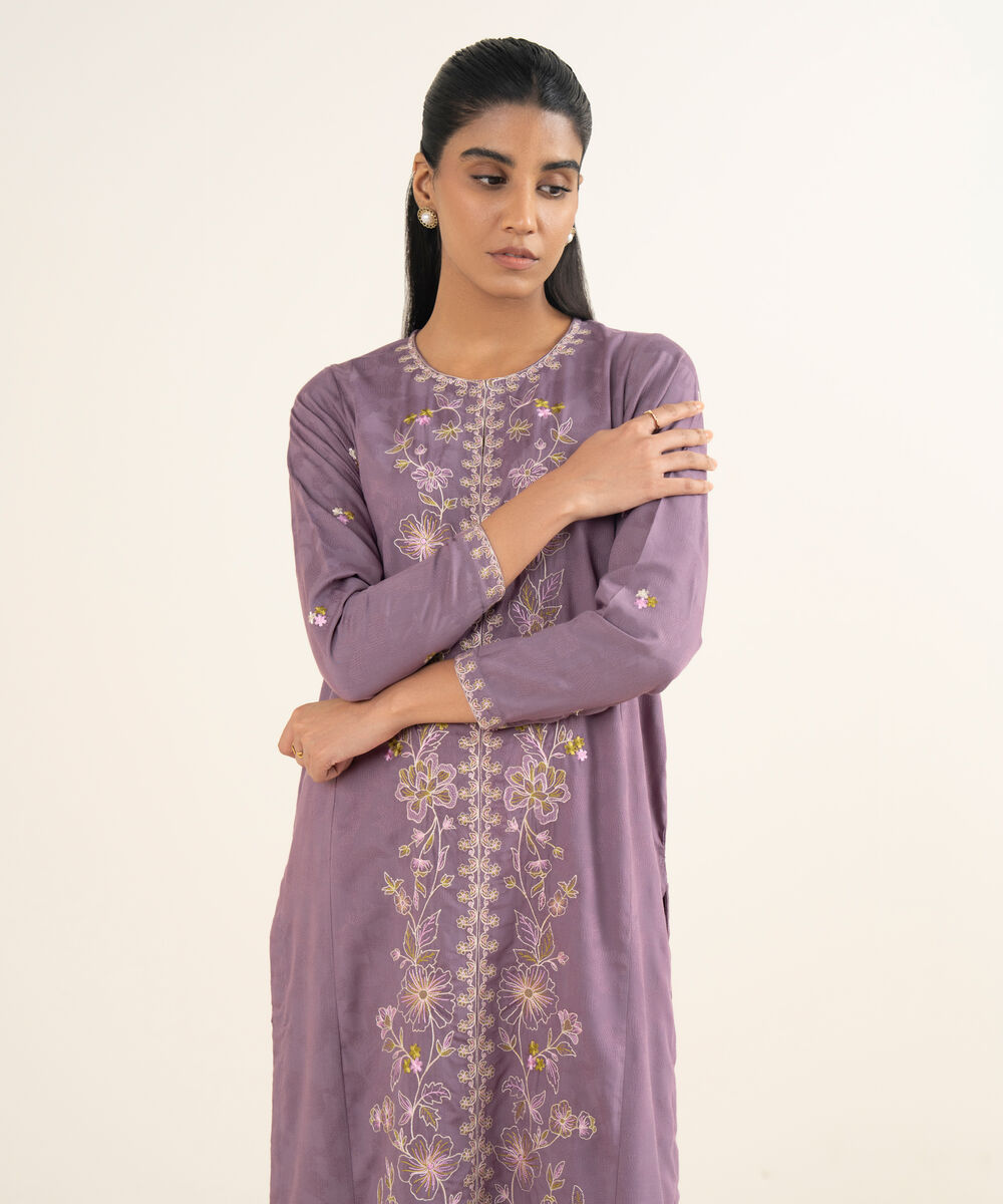 Women's RTW Self Jacquard Leno Embroidered Purple Straight Shirt