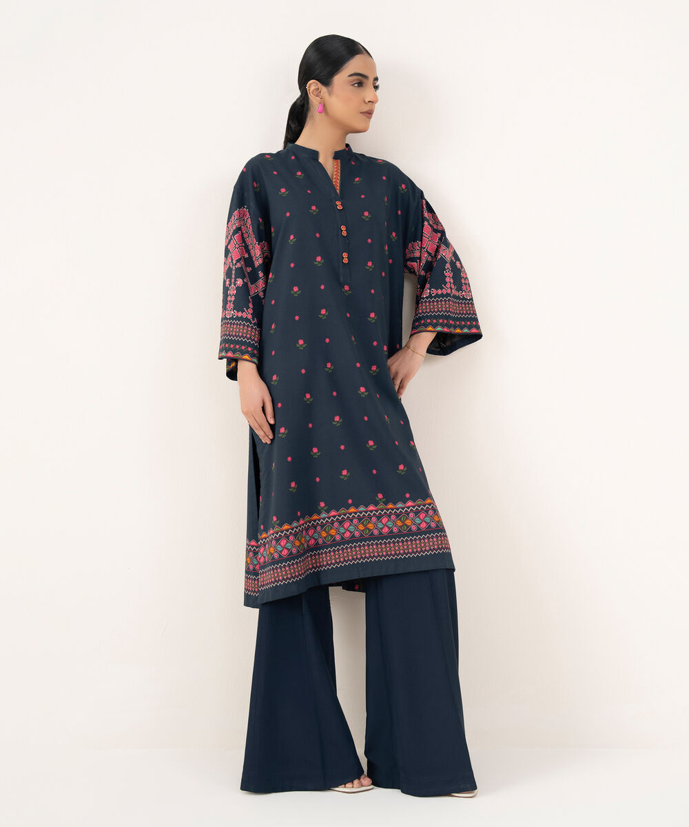 Women's Unstitched Viscose Khaddar Printed Blue 2 Piece Suit