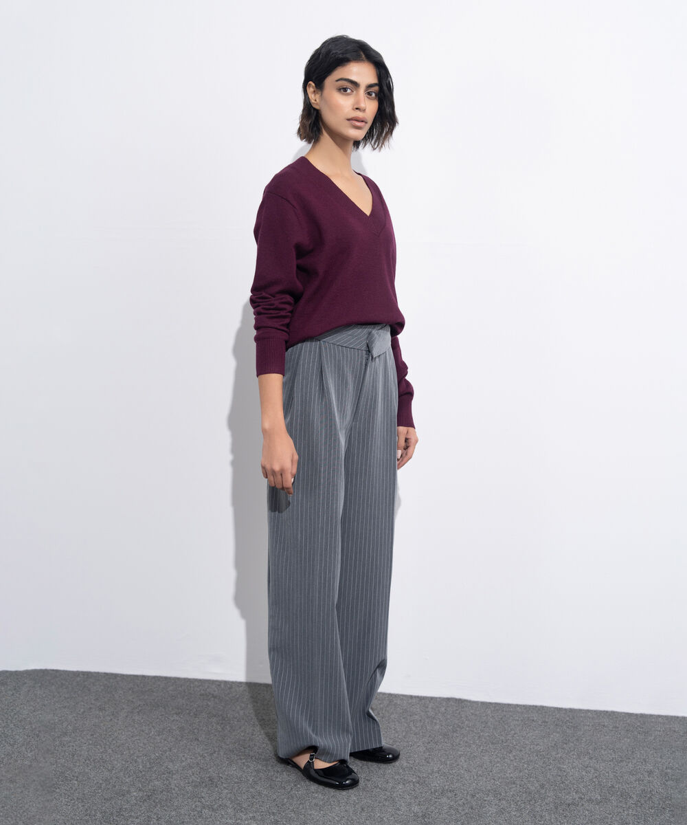 Women's Western Wear Grey Asymmetric Waistband Tailored Trousers