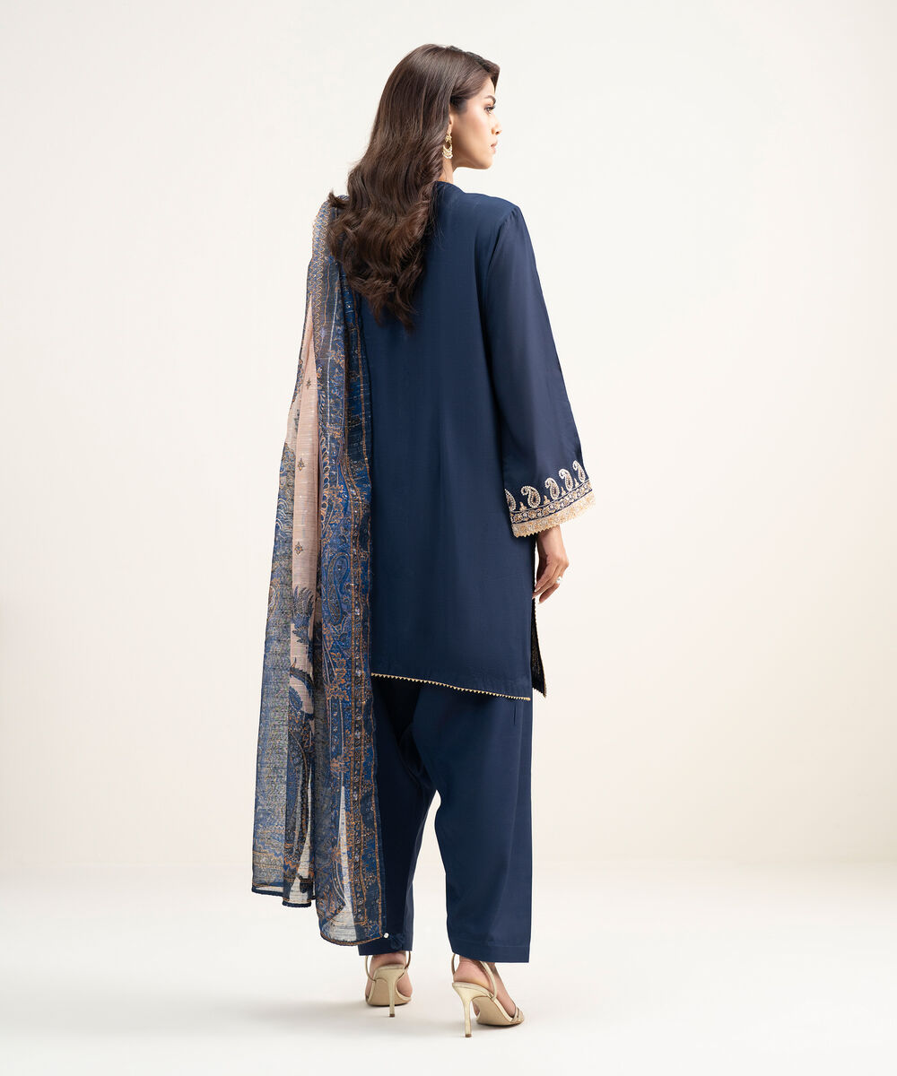 Women's RTW Viscose Raw Silk Embroidered Dark Blue 3 Piece Suit