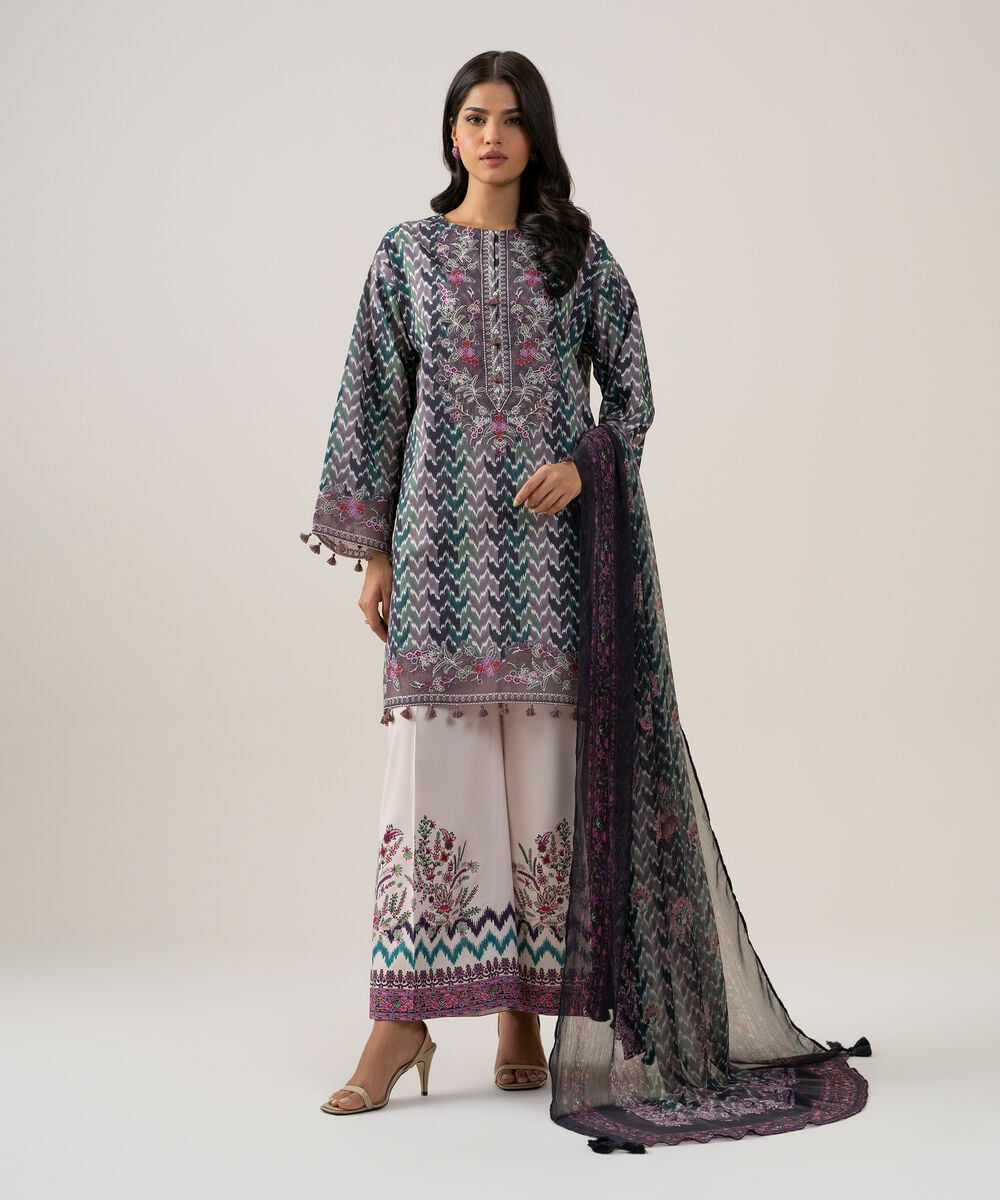 Women's Unstitched Blended Chiffon Printed Dark Green 3 Piece Suit