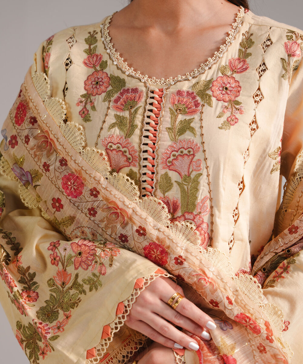 Women's RTW Self Jacquard Embroidered Yellow 3 Piece Suit