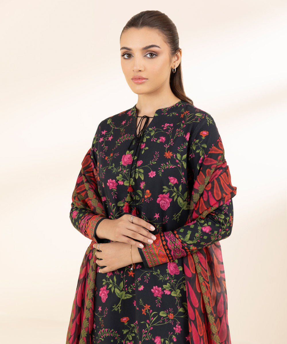 Unstitched Women's Printed Lawn Black Two Piece Suit