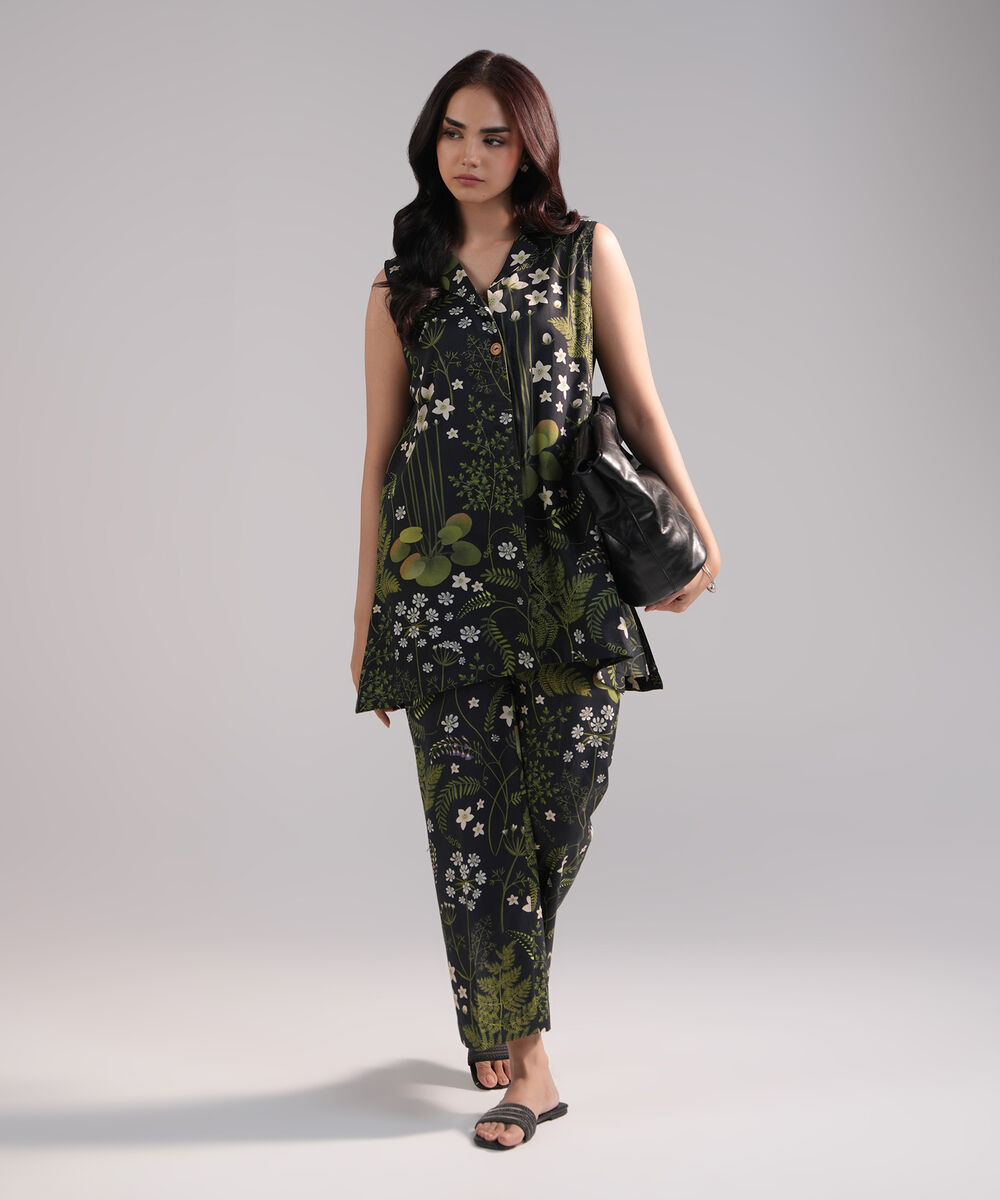Women's RTW Cambric Printed Black 2 Piece Suit