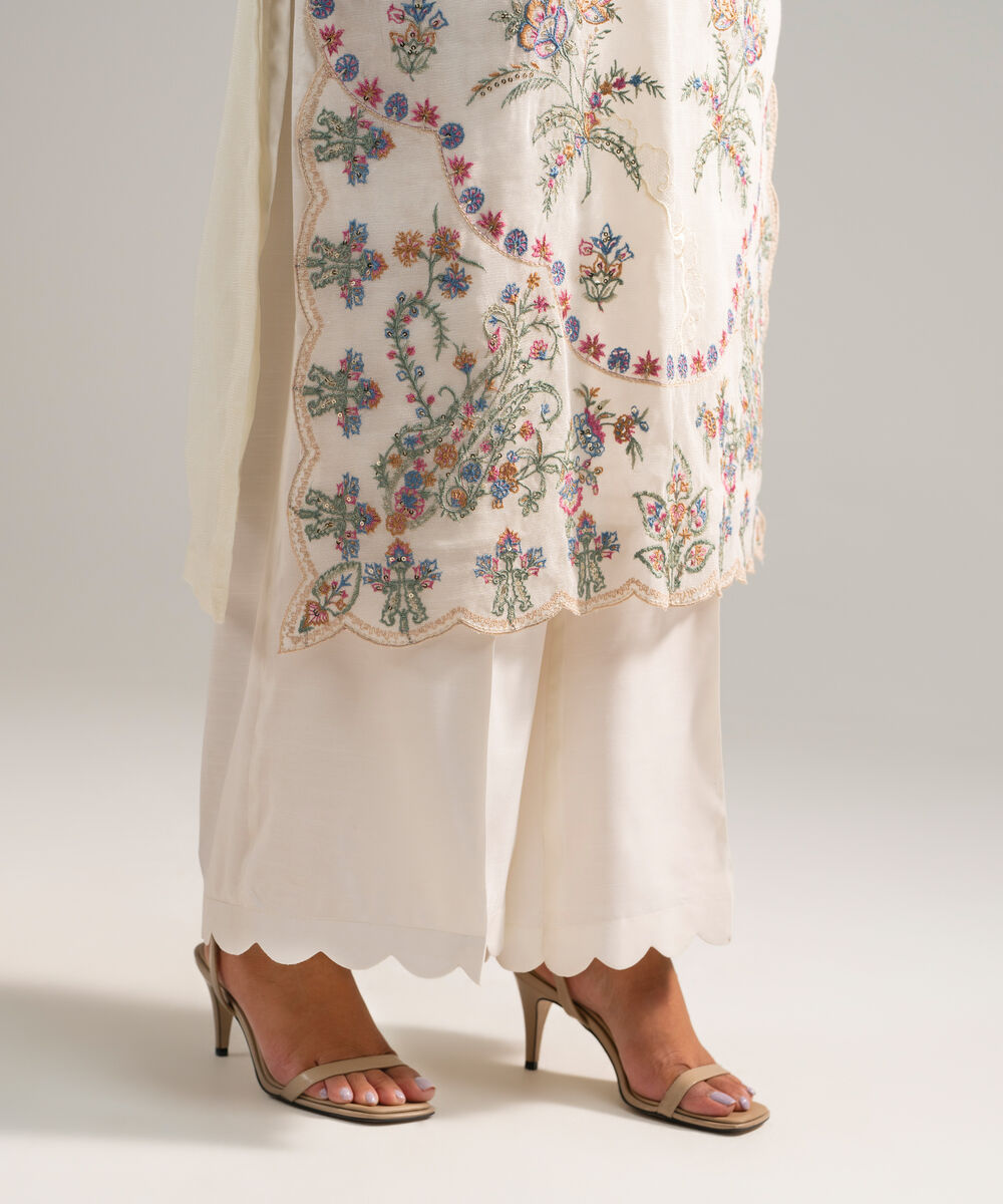 Women's RTW Khaddi Net Embroidered Off White 3 Piece Suit