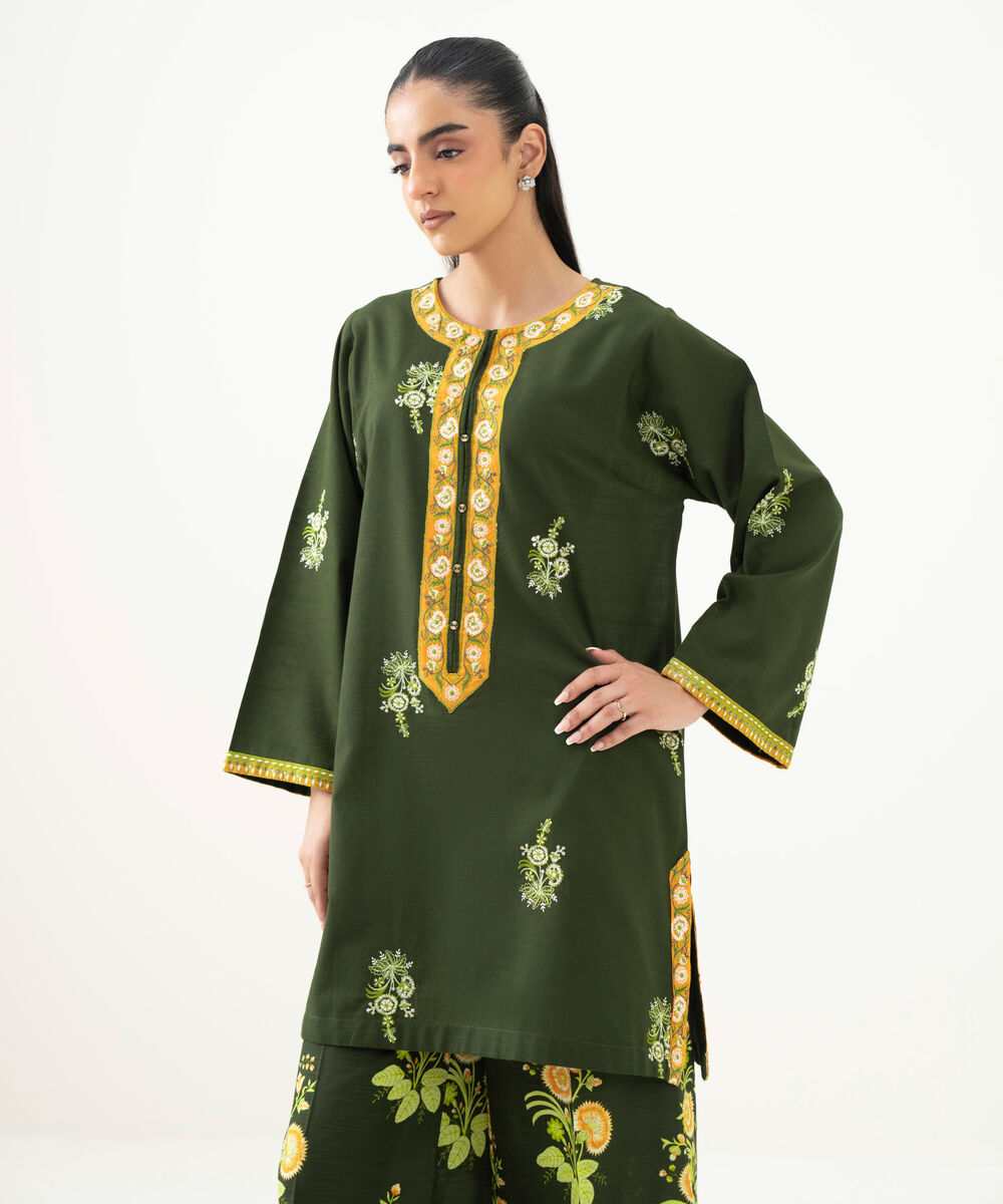 Women's RTW Cambric Green Embroidered Straight Shirt