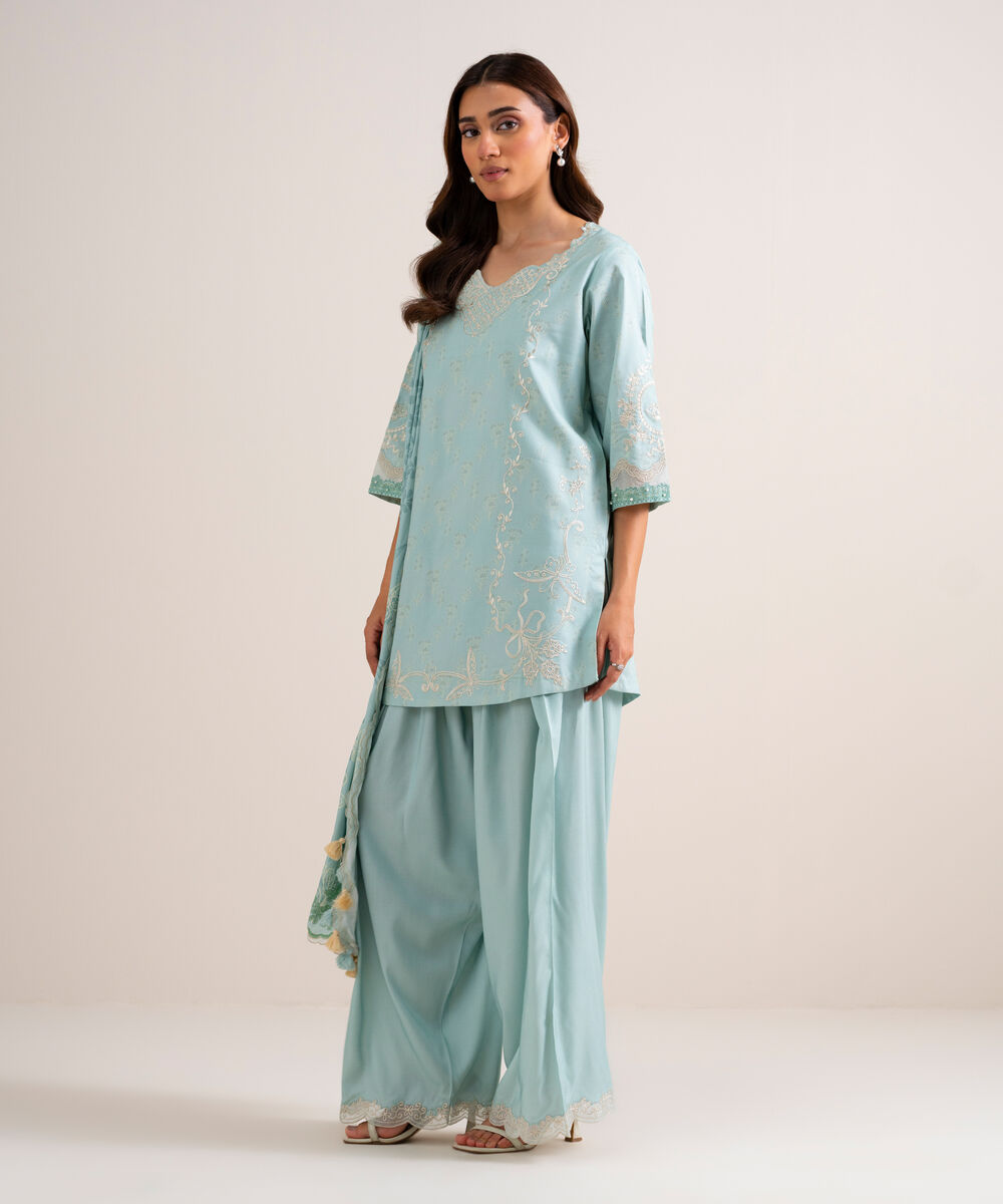 Women's Unstitched Embroidered Linen Light Aqua 3 Piece Suit