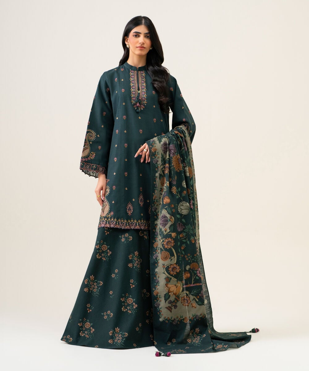 Womens Unstitched Light Khaddar Embroidered Dark Blue 3 Piece Suit