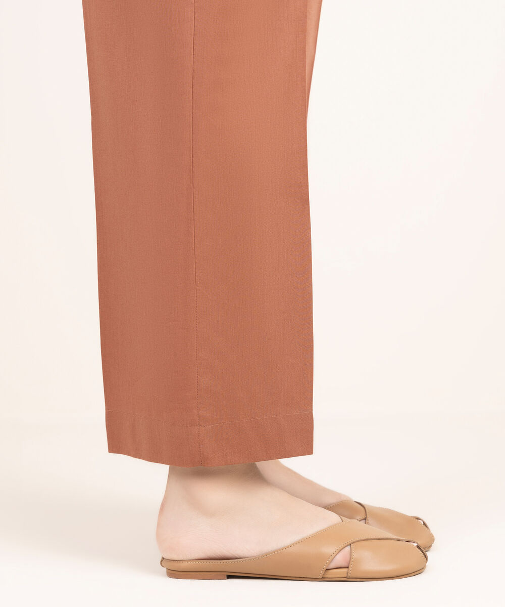 Women's RTW Cotton Viscose Solid Brown Straight Pants