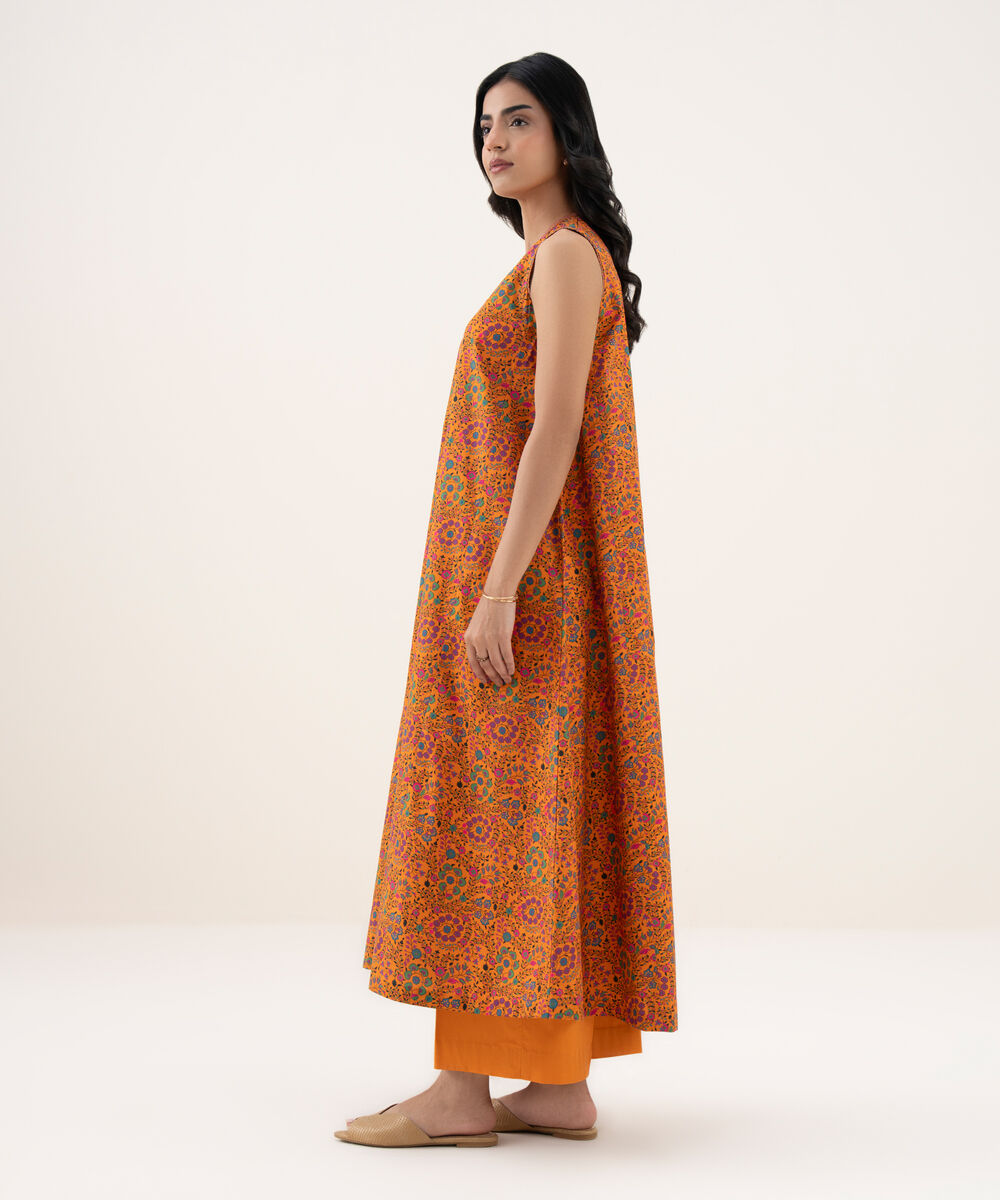 Women's Unstitched Cotton Printed Orange 2 Piece Suit