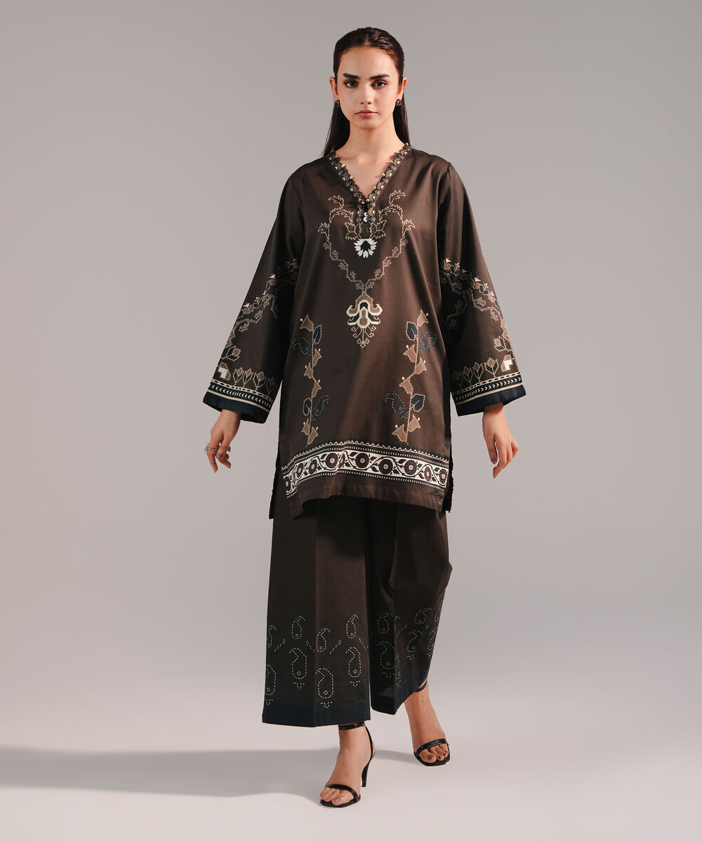 Women's RTW Cotton Satin Printed Dark Olive Green Straight Shirt