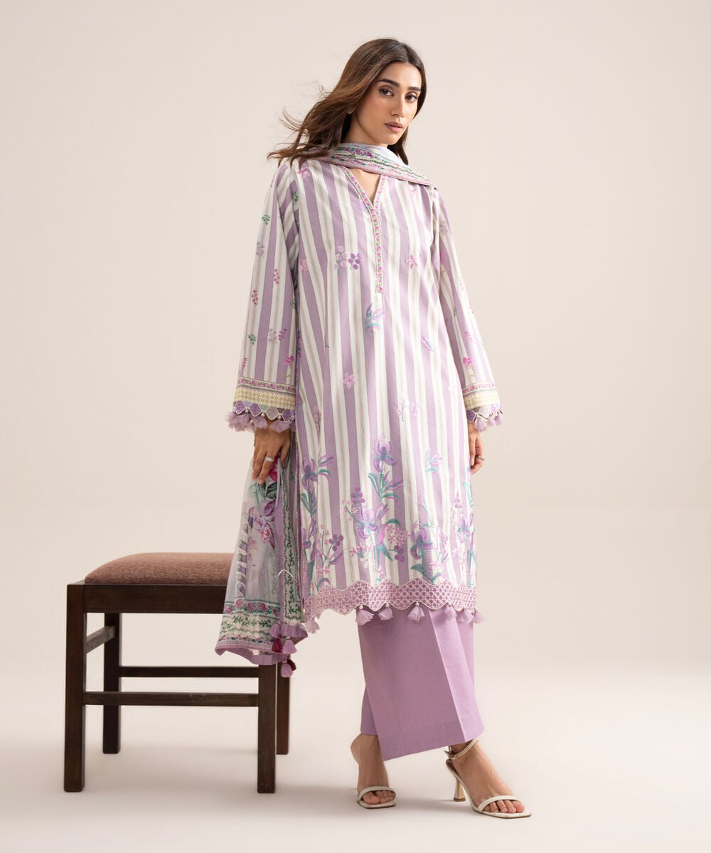 Women's Unstitched Lawn Embroidered Off White & Lilac  3 Piece Suit
