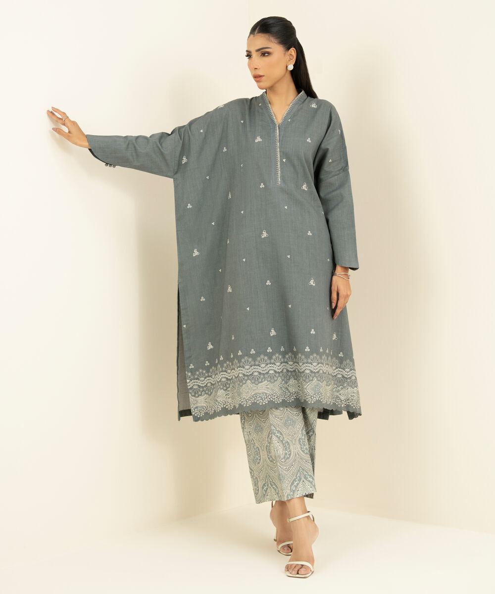 Women's Unstitched Cross Hatch Embroidered Grey 2 Piece Suit