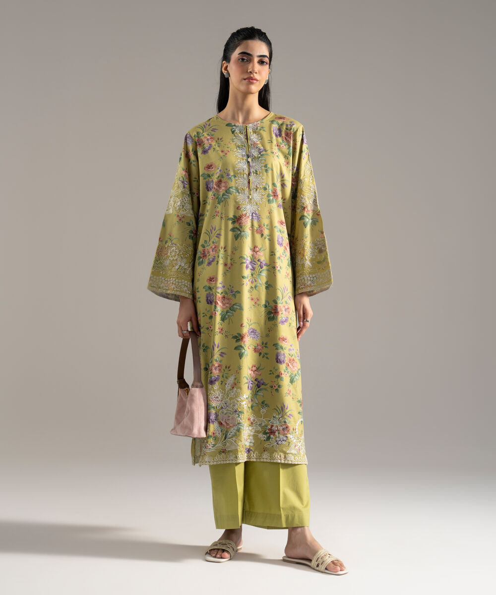 Women's RTW Cotton Viscose Printed Embroidered Yellow 2 Piece Suit