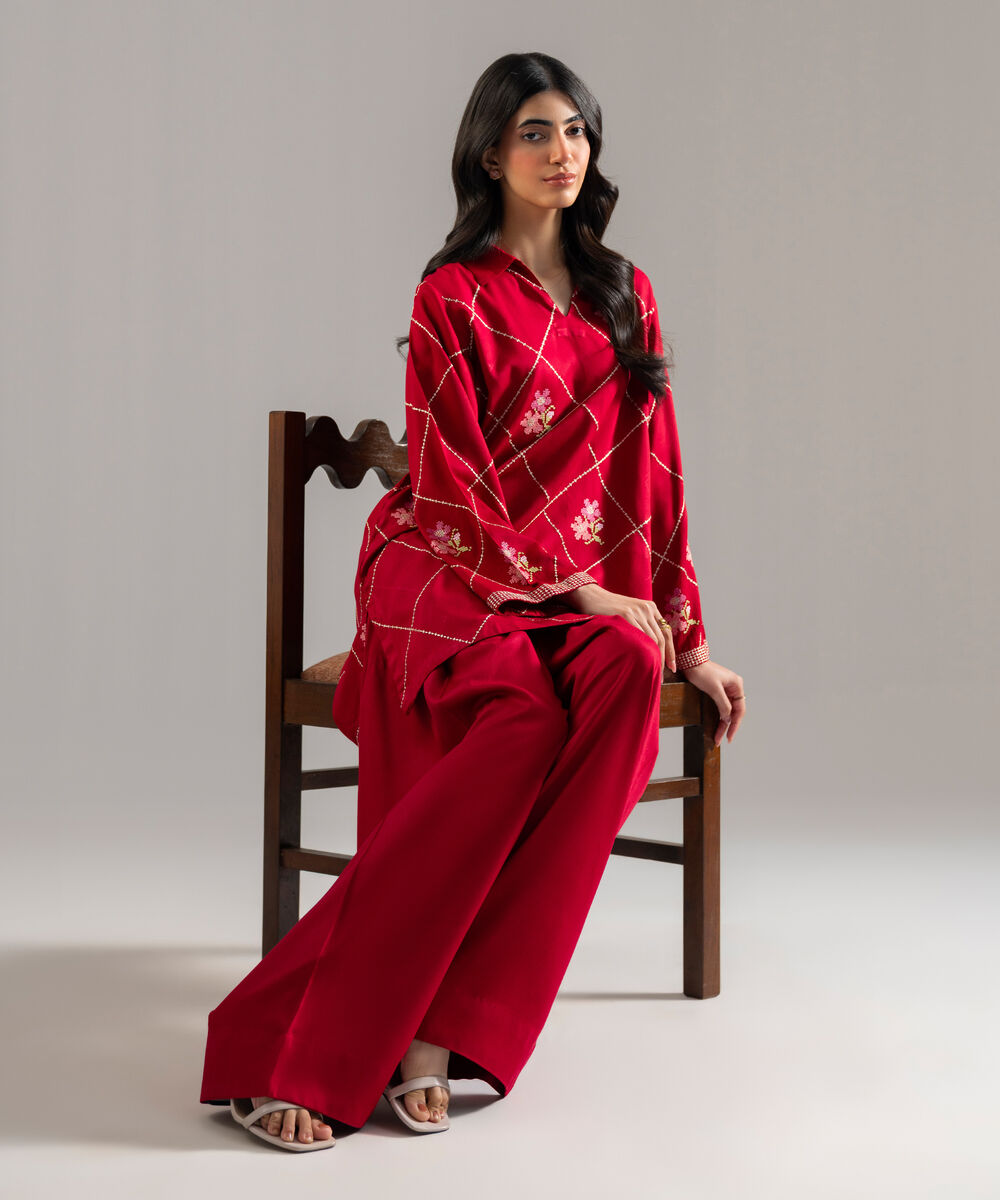 Women's RTW Bedford Solid Embroidered Red Straight Shirt
