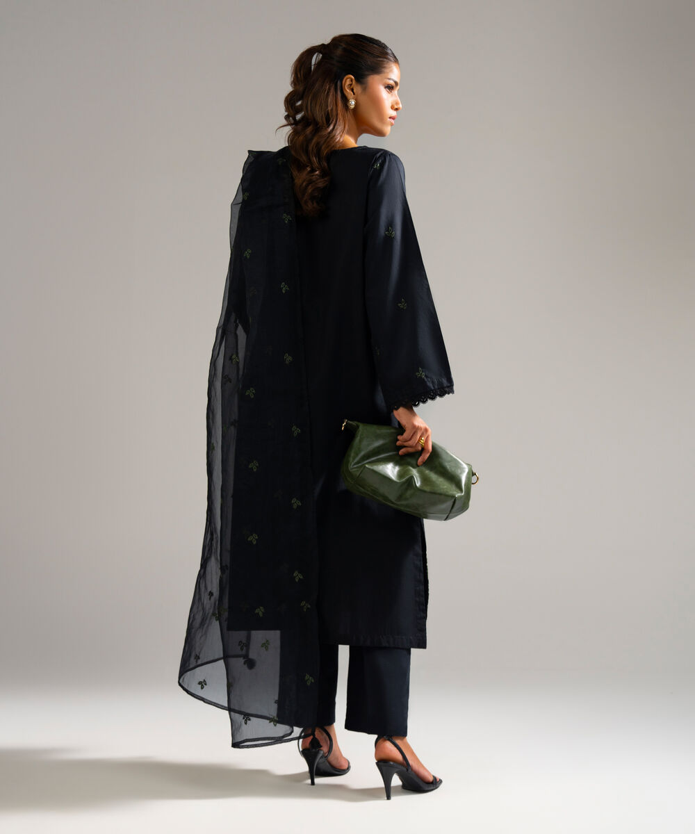 Women's RTW Cotton Satin Embroidered Black 3 Piece Suit