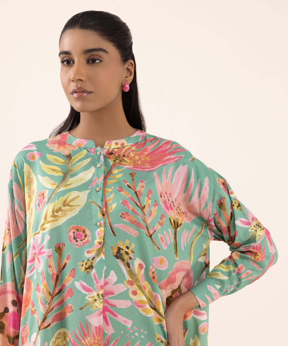 Women's RTW Arabic Lawn Green Printed Boxy Shirt