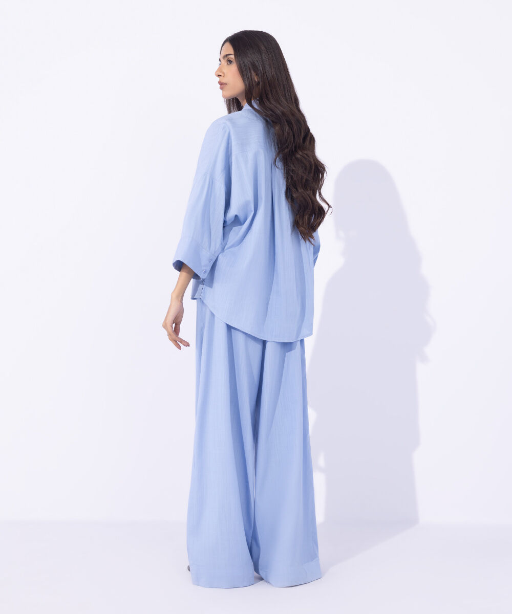 Women's Western Wear Blue Textured Pull On Trousers