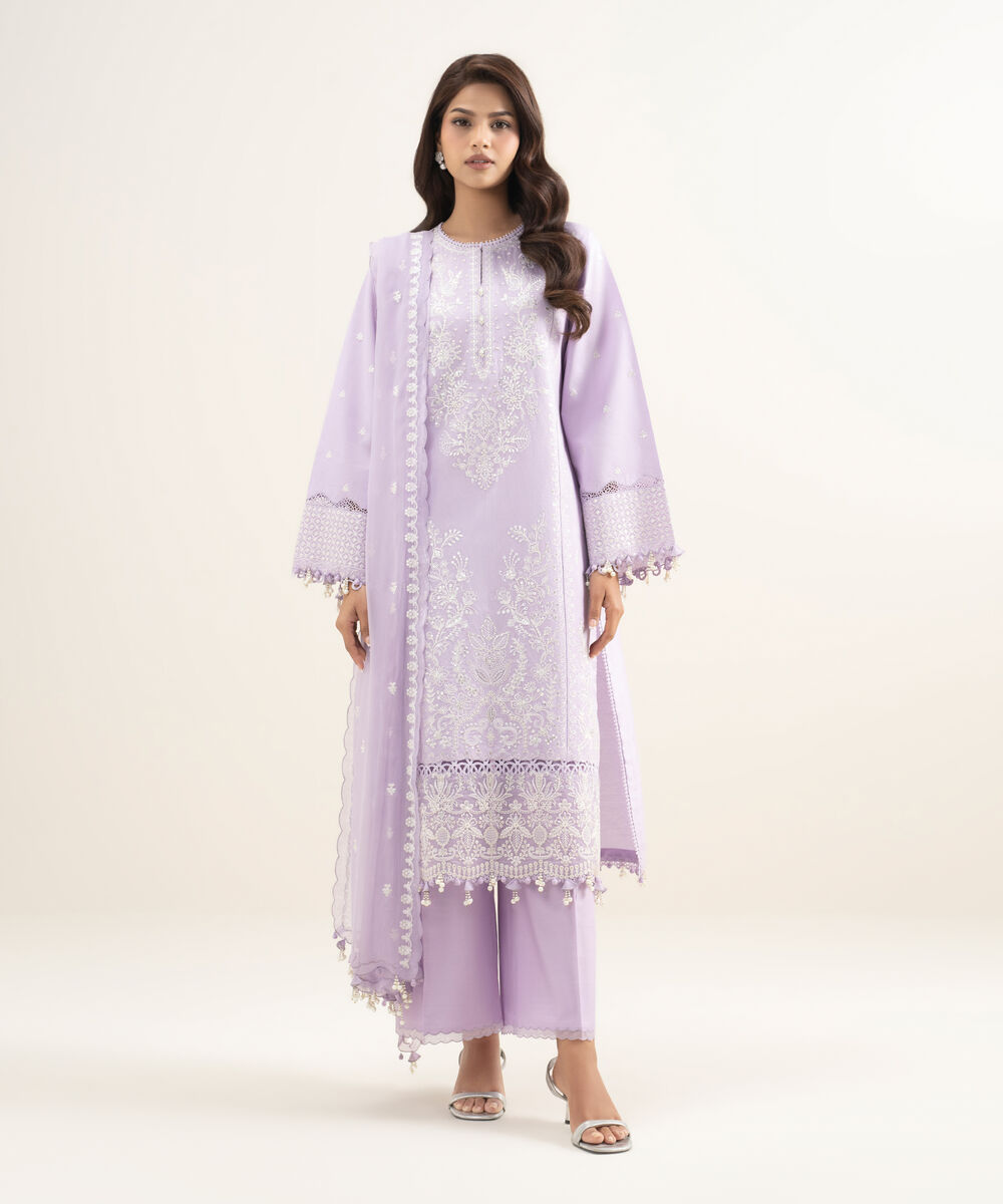 Women's Unstitched Cotton Net Embroidered Purple 3 Piece Suit