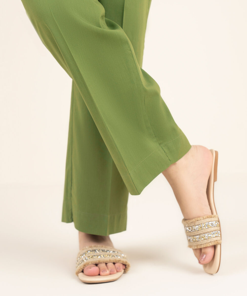 Women's RTW Cambric Solid Green Straight Pants