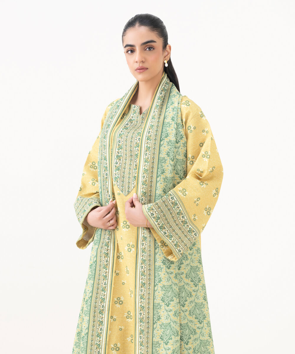 Women's Unstitched Khaddar Printed Yellow 2 Piece Suit