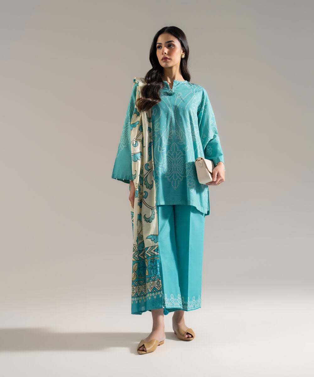 Women's RTW Khaddar Printed Blue 3 Piece Suit