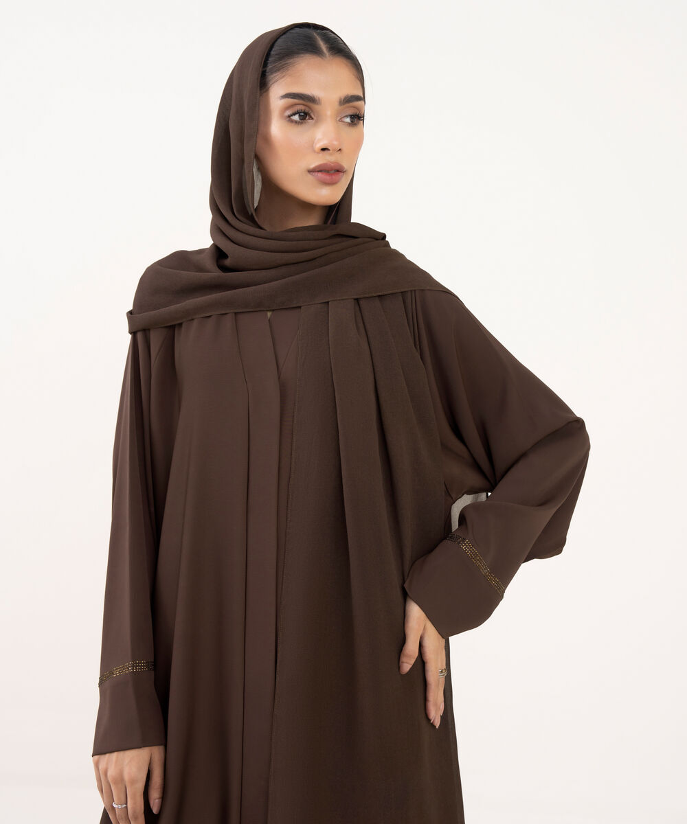 Women's Brown Textured Fabric Abaya Set