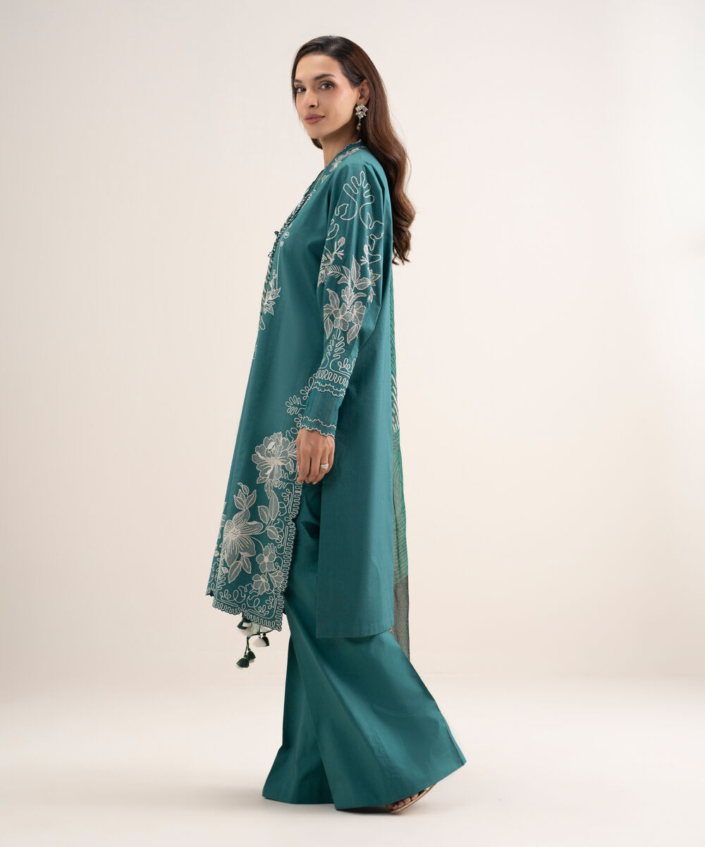 Women's Unstitched Textured Lawn Embroidered Green 3 Piece Suit