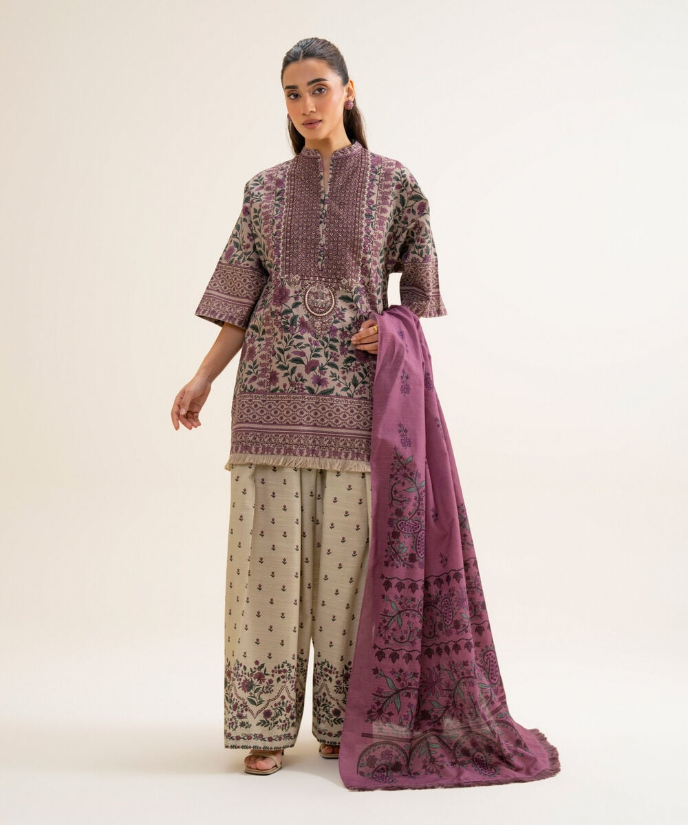 Women's Unstitched Premium Khaddar Printed Tea Pink 3 Piece Suit