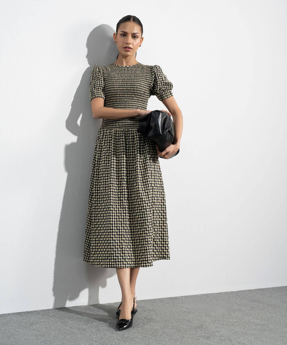 Women's Western Black And Yellow Smocked Seersucker Gingham Dress